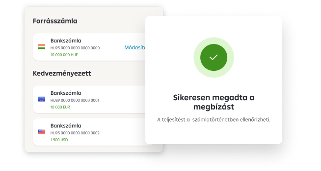 Képernyő forrásszámlával, célszámlával, sikeres tranzakcióval