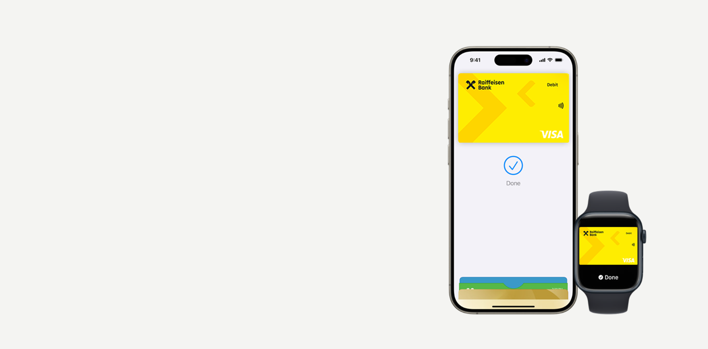 Apple Pay with Raiffeisen bank cards on smartphone.